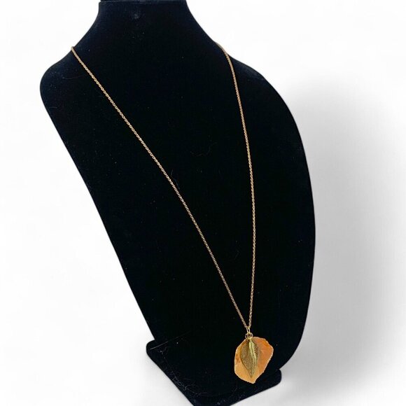 Vintage Necklace Gold Tone Chain & 3 Enamel & Gold Leaf Pendants 31" - Picture 2 of 7